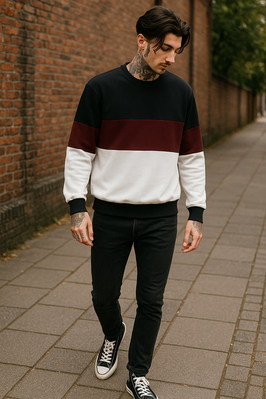 EFRA Colorblock Oversized Sweatshirt – Black, Maroon & White | Unisex Streetwear